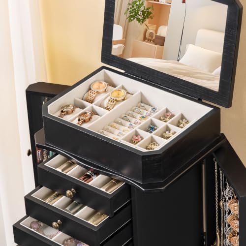 Standing Jewelry Armoire Cabinet, Large Freestanding Jewelry Organizer Box with Mirror, 7 Drawers & 2 Side Doors, Jewelry Chest for Rings Earrings Necklaces Bracelets Watches Glasses (Black) - Image 4