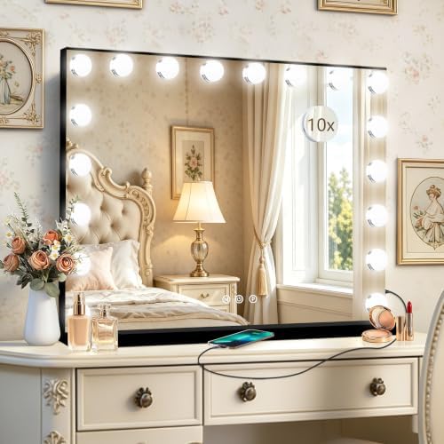 Ratsamee Black Hollywood Vanity Mirror with Lights, 18 Dimmable Bulbs, 3 Color Lights,Make Up Lighted Mirror, Aluminum Metal Frame, USB Charging Port（32" x 24"） by RATSAMEE