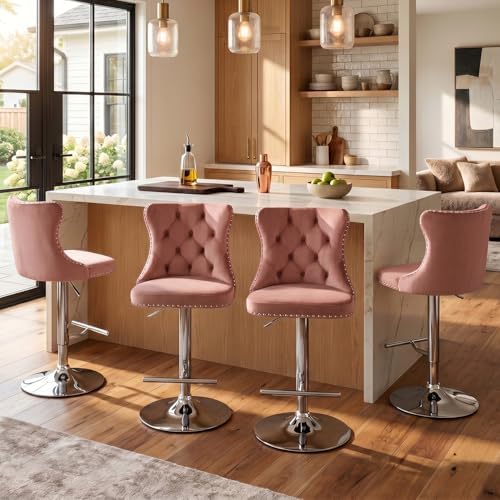 SoarFlash Velvet Bar Stool Set of 4, Adjustable Swivel Bar Stools with Silver Plated Metal Leg, Button Tufted, Footrest, Chrome Nailhead, Counter Height Chair for Kitchen,Dining Room (Pink) by SoarFlash