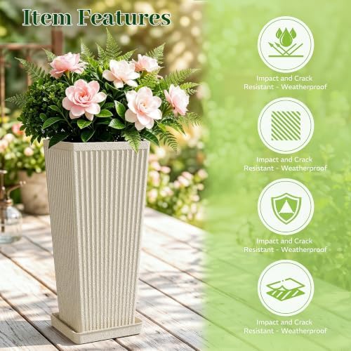 24" Tall Planters for Outdoor Plants with Tray Set of 2 Resin Beige - Image 4