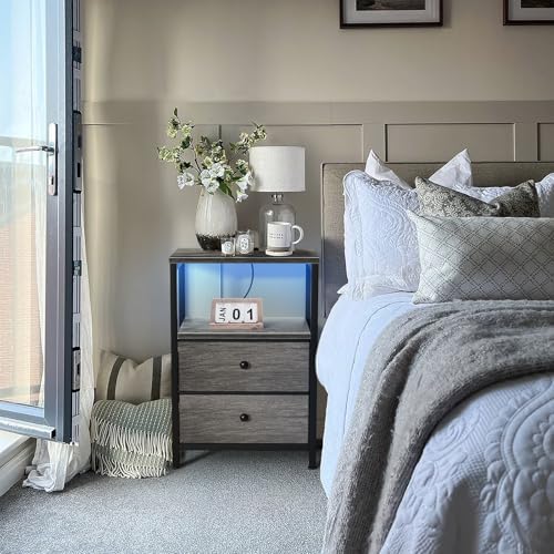 BOLUO Gray Nightstand with Charging Station, LED Night Stand with 2 Fabric Drawers, Bedside Table with USB Ports and Outlets, Nightstand for Bedroom Modern - Image 2