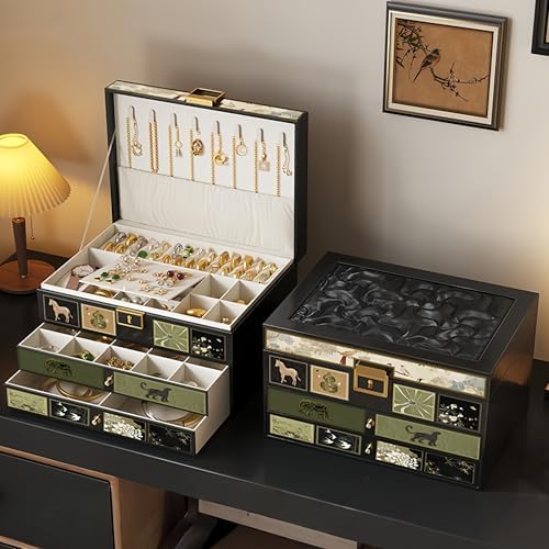 Vintage Jewelry Box with Multiple Drawers, Lockable Lid, Velvet-lined, Black with Animal Motif, Necklace and Ring Organizer (green) - Image 6