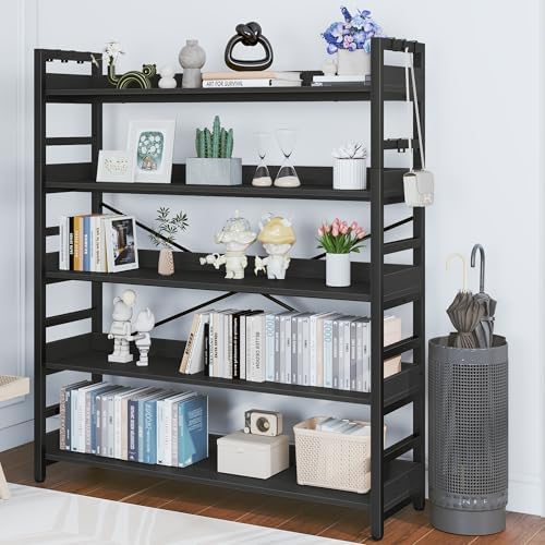 HCHQHS 5 Tier Bookshelf, Adjustable Industrial Bookcase, Vertical Tall Book Shelf, Wood and Black Metal Open Bookshelves for Home Office, Living Room, Bedroom - Image 7