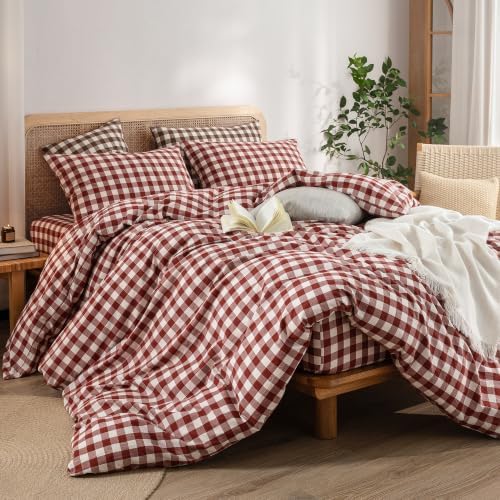 BESTOUCH Gingham Cotton Duvet Cover Set Fired Brick Red Full - Image 5