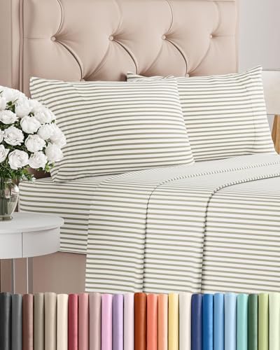 Queen Size 4 Piece Sheet Set - Breathable & Cooling Sheets - Beige Stripes by CGKUnlimited