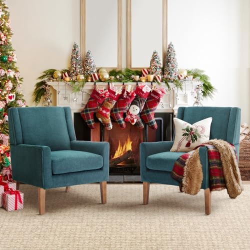 COLAMY Modern Wingback Living Room Chair Set of 2, Upholstered Fabric Accent Armchair, Single Sofa Chair with Lounge Seat and Wood Legs for Bedroom/Office/Reading Spaces, Teal by COLAMYHOME