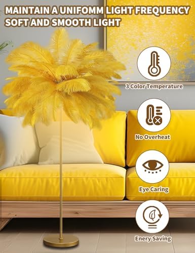 Feather Floor Lamp,Fluffy Ostrich Feather Floor Lamp for Bedroom,3 Color Temperatures Led Corner Modern Floor Lamps for Living Room Christmas Home Decor House Warming Gifts,63″ Height(Golden) - Image 5