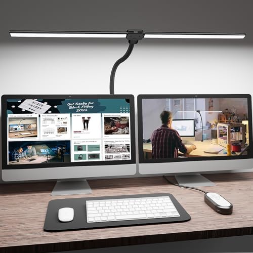 ShineTech LED Desk Lamp for Home Office, 5000K Bright Double Head Architect Task Lamps with Clamp, Dimmable Adjustable Flexible, Black by ShineTech