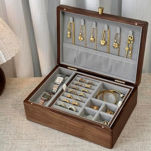 Bescott 2 Layer Solid Black Walnut Wooden Jewelry Box for Women Wood Vintage Organizer for Men Earrings Rings Necklaces Bracelet Watch Storage - Image 4