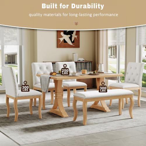 LUMISOL 6-Piece Dining Table Set with Bench, Farmhouse Kitchen Table Set with 4 Upholstered Button Tufted Chairs, Nailhead Trim & Curved Wood Legs, Natural - Image 7