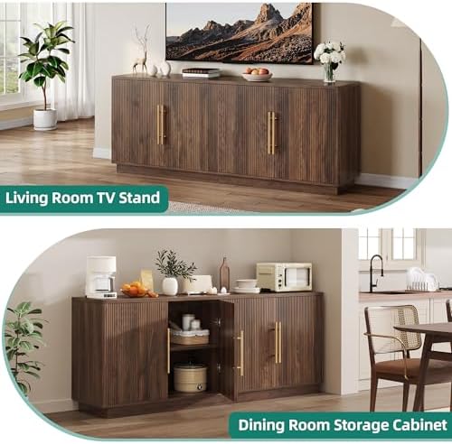 YITAHOME 70" TV Stand for up to 80" TVs with 4 Fluted Doors, Natural Oak - Image 6