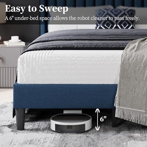 Yaheetech Full Bed Frame with Headboard, Navy Blue Channel-Tufted Platform - Image 6