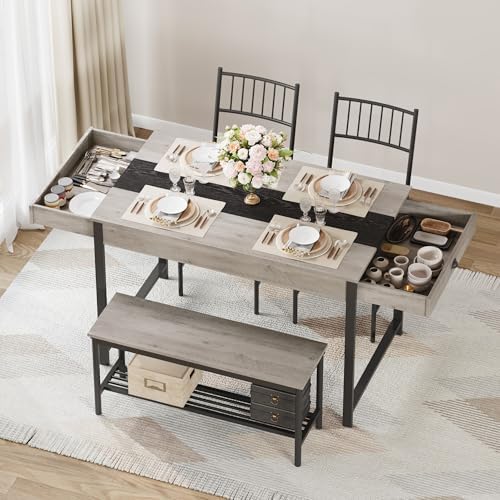 GarveeHome Dining Table Set for 4,Kitchen Table with Bench & 2 Chairs, Grey - Image 6