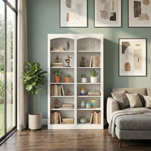holzart 71" Tall Bookcase, Double Wide White Bookshelf with Arched Design, 12-Tier Open Wood Display Shelf Storage Organizer for Living Room, Home Office (41.6" W x 70.8" H) - Image 7
