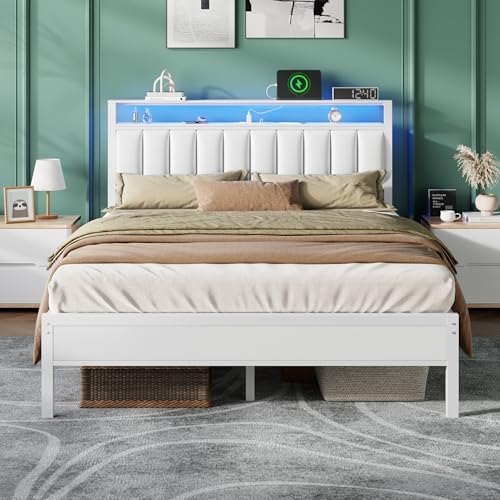 Furnulem White Queen Bed Frame with PU Upholstered Headboard & LED Lights by Furnulem