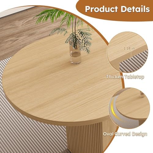6-Piece Mid-Century Oval Dining Table Set with Bench, 63" Oak Table with Fluted Double Pedestal Base + Beige Fabric Upholstered Chairs & Gray Boucle Bench for Small Dining Nook - Image 7