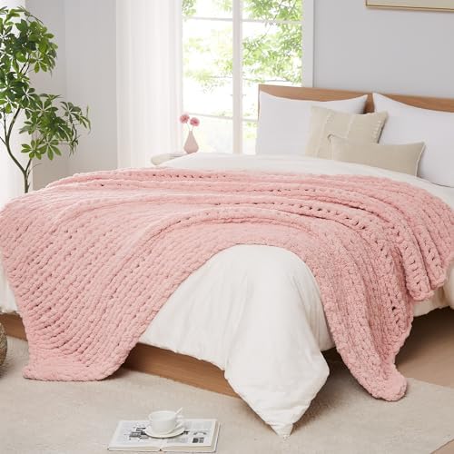 L'AGRATY Chunky Knit Throw Blanket for Couch, 72'' x 84'' Knit Throw, Pink by LAGRATY