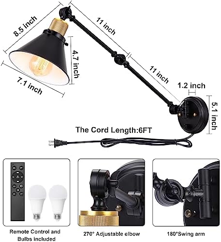 TRLIFE Dimmable Wall Sconce, Remote Control Plug in Wall Sconces Dimming 10%-100% and Adjustable Color Temperature 2700K-6000K, Swing Arm Wall Lights with Plug in Cord, UL Listed(2 Pack, 2 Bulbs) - Image 6