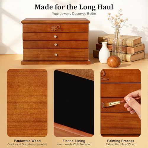Large Wooden Jewelry Box with Mirror, 4 Layers Jewelry Organizer with 3 Drawers, Watches Necklace Ring Storage Box for Women - Image 3