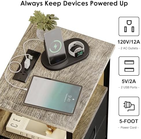 Fixwal Night Stand with 3 Fabric Drawers, Nightstand with Charging Station - Image 5