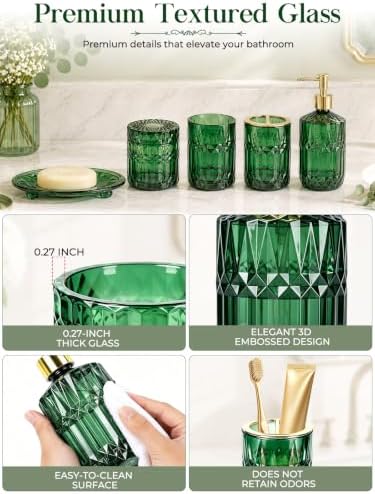 Haturi Dark Green Bathroom Accessories Set, Glass Bathroom Set, 5 Pcs - Image 4