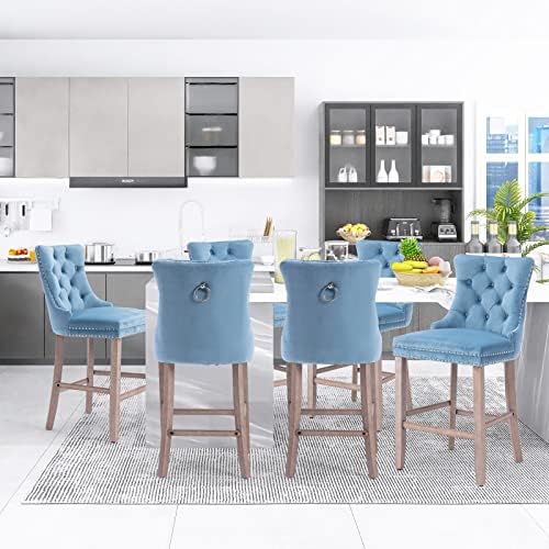 SoarFlash Modern Velvet Upholstered Bar Stools Set of 6 with Wood Legs, Button Tufted,Chrome Nailhead, Counterstool Seat, Armless Bar Chairs (Sky-Blue) - Image 4