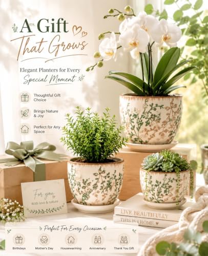 Ceramic Plant Pots, Vintage Succulent Pots, Plant Pots Indoor Set of 4, Planters with Drainage and Attached Saucer, 4.8 Inch Floral Flower Pots for Home Decor, Plant Lover Gifts - Image 2