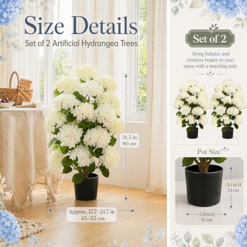 Set of 2 Artificial Hydrangea Trees:32 Inch Faux Flower Plant(White) - Image 4