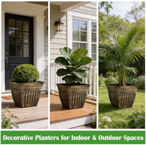 4-Pack 14 Inch Large Square Planters, Embossed Leaf Pattern, Antique Gold - Image 2