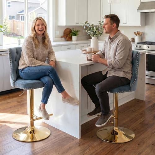 SoarFlash Velvet Bar Stool Set of 2, Adjustable Swivel Bar Stools with Gold Plated Metal Leg, Button Tufted, Footrest, Chrome Nailhead,Counter Height Chair for Kitchen, Bar, Dining Room (Grey) - Image 3