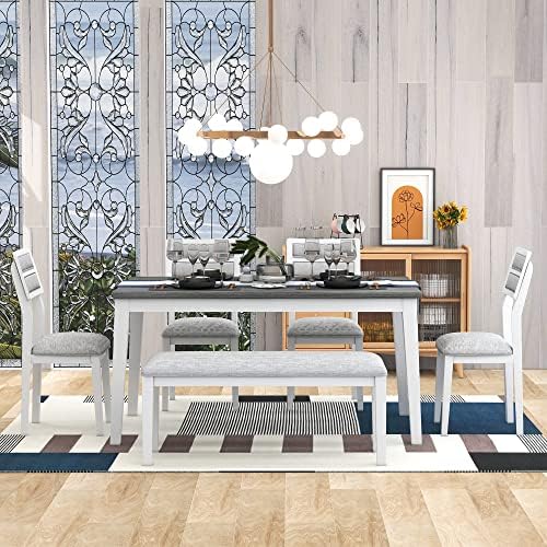 Rustic Farmhouse 6-Piece Kitchen Dining Table Set, Solid Wood Dining Room Set of 6, Classic 60'' Rectangular Table with 4 Upholstered Padded Chairs and Bench (White-3) - Image 2
