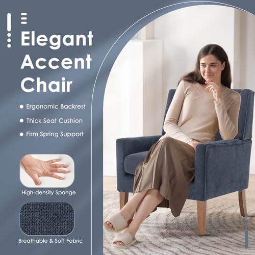 COLAMY Modern Wingback Living Room Chair, Upholstered Fabric Accent Armchair, Single Sofa Chair with Lounge Seat and Wood Legs for Bedroom/Office/Reading Spaces, Blue - Image 3