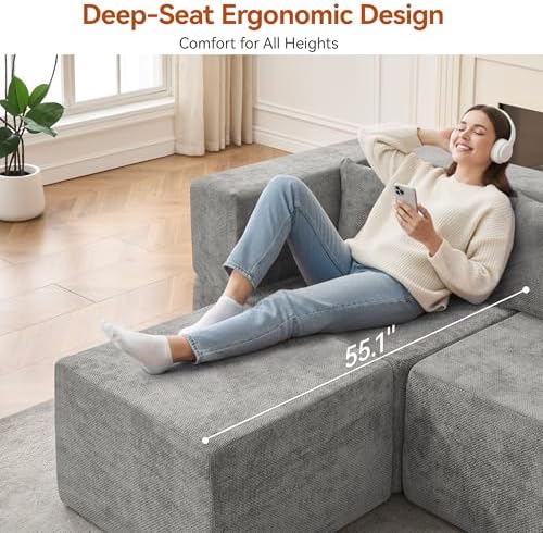 MONVANE Modular Sectional Sofa, Oversized 8 Seat Convertible U Shaped Couch with Ottoman, Comfy Chenille Cloud Couch with Deep Seat, Sectional Couches for Living Room, No Assembly Required, Light Grey - Image 4