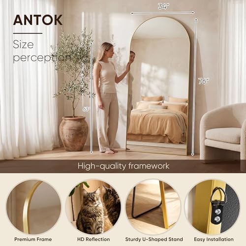 Antok 76" x34” Arched Full Length Mirror, Floor Mirror with Stand,Gold - Image 3