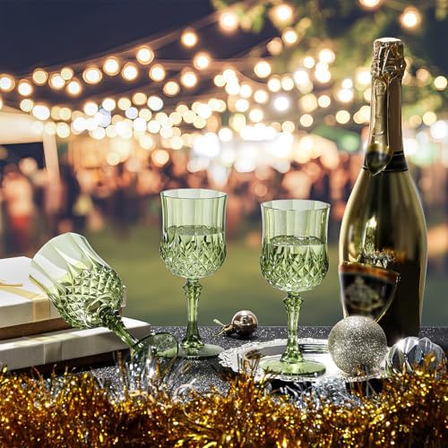 XUWAIDSGN 100Pcs Plastic Vintage Wine Glasses 7oz Reusable Embossed Goblet Glasses Pink Retro Wine Glassware Unbreakable Stemmed Champagne Water Cups for Wine Cocktail Juice Wedding (100, Dark Green) - Image 5