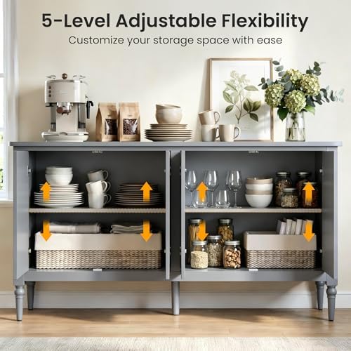 RoyalCraft Buffet Cabinet with Storage, 59" Vintage Sideboard with Adjustable Shelves, Mid Century Modern Painted Credenza Coffee Bar for Kitchen, Dining Room, Entryway, Living Room, Dove Gray - Image 4