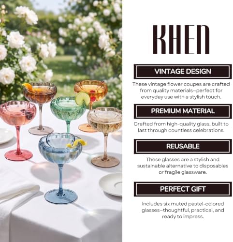 Khen Flower Modern Wavy Glass Coupes Martini, Champagne & Cocktail Coupes - Set of 6-7.7 oz Colorful Cocktail Glasses for Champagne, Prosecco, Mimosa - Copyright Design - Muted Pastel Colors - Image 5