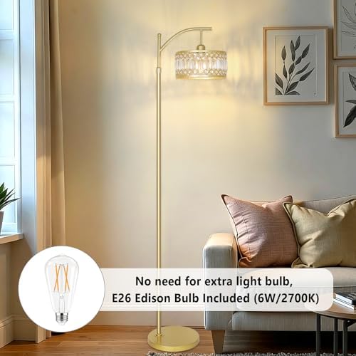 Gold Floor Lamp, Arc Floor Lamp for Bedroom, Standing Lamps for Living Room, Crystal Mid Century Modern Tall Lamp, Corner Stand Up Lamp, Height Adjustable Arched Brass Reading Lamps (Bulb Included) - Image 6