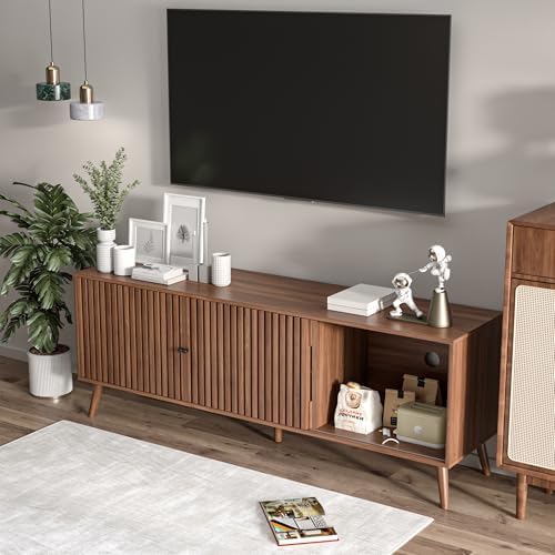 Oubayajia Mid Century Modern TV Stand for Televisions up to 70 Inches, with Sliding Doors and Storage, Television Stands, TV Consoles, Media Consoles for Living Room, 63 Inch (Walnut) - Image 3