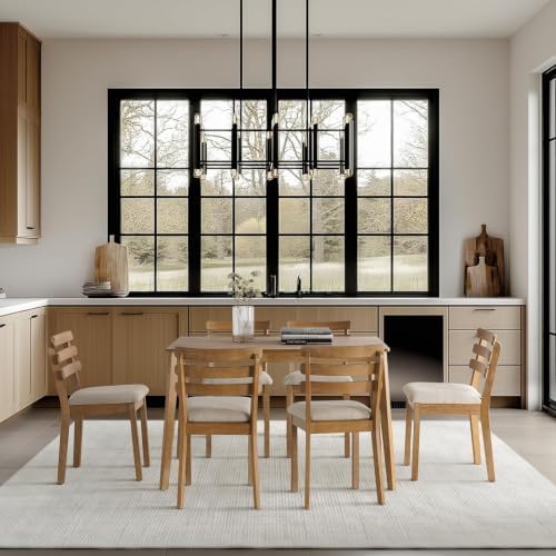 Dining Table Set for 6, Wooden Farmhouse Table, 6 Upholstered Chairs - Image 7