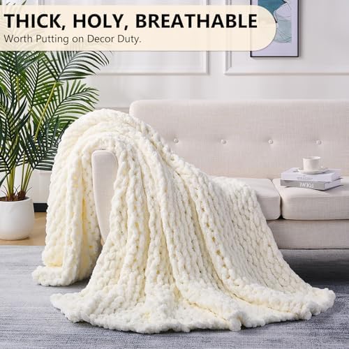 L'AGRATY Chunky Knit Throw Blanket for Couch, 50 x 60 Inches, Cream White - Image 5