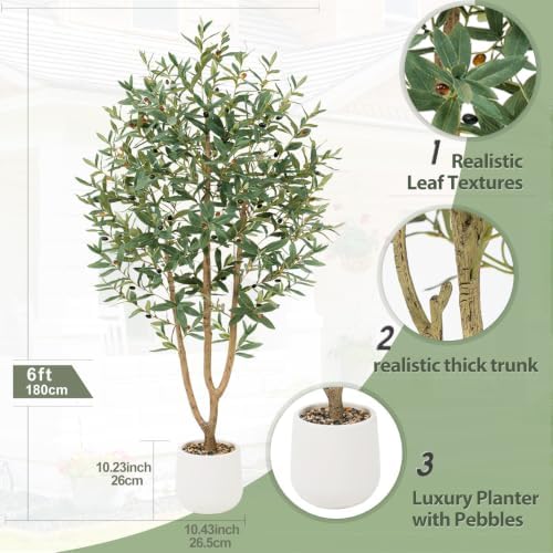 6FT Olive Trees Artificial, Large Faux Olive Tree with White Tall Planter, Faux Tree Indoor with Lush Lifelike Fruits for Living Room Bedroom Balcony Corner Office Home Decor - Image 3