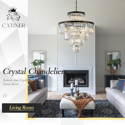 CATINER 24" Modern Crystal Chandeliers,15-Light Black Round Light Fixture - Image 4