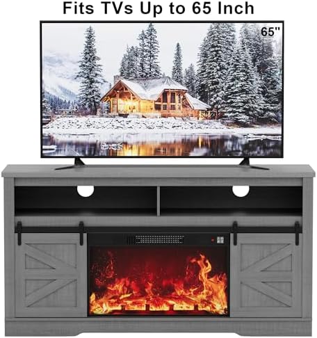 JUMMICO Fireplace TV Stand for 65 Inch TV with 26'' Fireplace (Pale Gray) - Image 4