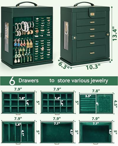 AKOZLIN 6-Tier Jewelry Box Organizer 5 Drawers Storage XXL Green - Image 3