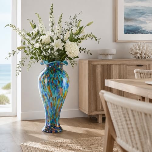 20" Tall Hand Blown Glass Vase – Pretty Ruffle Wide Mouth Decorative Flower Vase, for Modern Home Decor, Ideal Centerpiece for Living Rooms, Wedding & Home Decor - Image 5