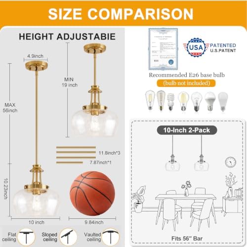 Modern Pendant Lights Kitchen Island, Brushed Gold Pendant Light Fixtures with 10" Clear Air Bubble Glass Shade, Industrial Hanging Pendant Lights Fixture for Kitchen Island Dining Room Entryway - Image 5
