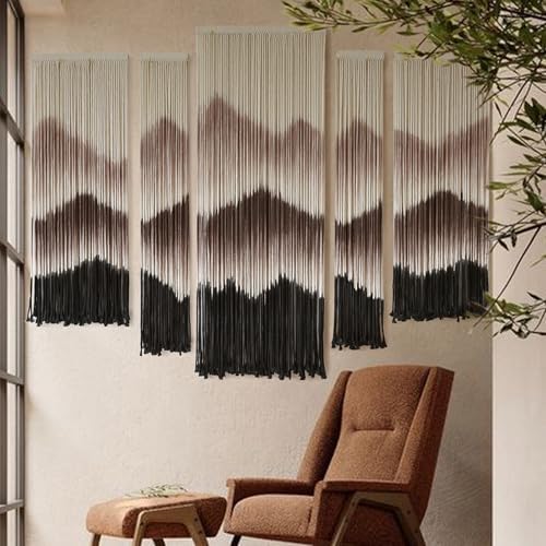 5Pcs Set Macrame Wall Hanging Mountain Art Brown Dip Dyed Boho Wall Decor - Image 4
