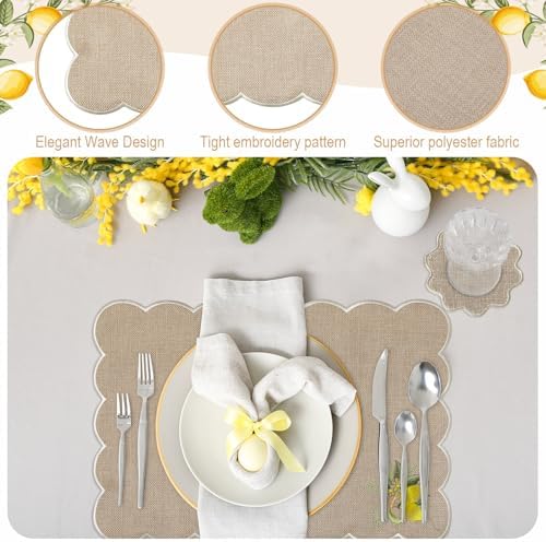 Set of 12 Lemon Cotton Linen Placemats Coaster, 12 x 17 Heat Resistant Embroidery Scalloped Placemats, 4" Summer Kitchen Coaster Double Layered Rustic Dinner Table Decoration(Linen and White) - Image 3