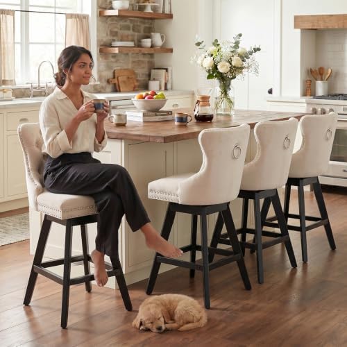 SoarFlash Kitchen Velvet Swivel Bar Stools with Solid Wood Legs Upholstered Counter Stools Set of 4, Beige - Image 3